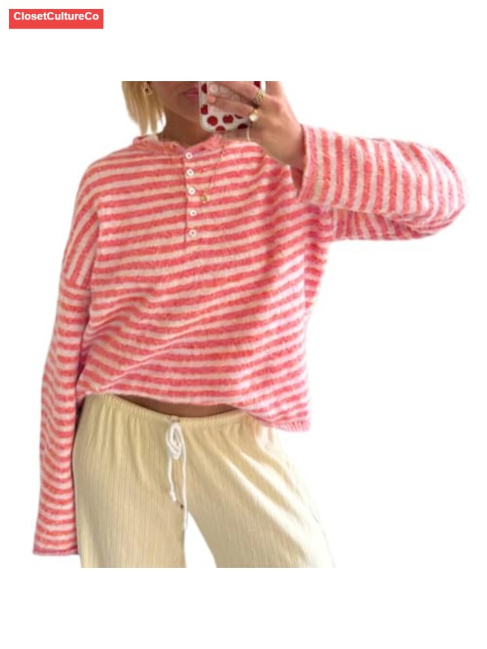 Striped Henley Sweater Long Sleeve Knit Pullover Oversized Women